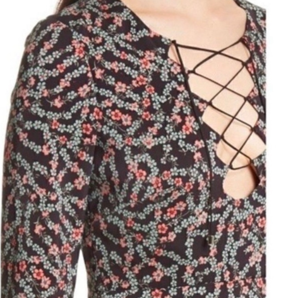 Saloni Nurul Floral Print lace-up V neck Long Sleeve Bodycon Mini Dress Size 6 - Picture 4 of 13